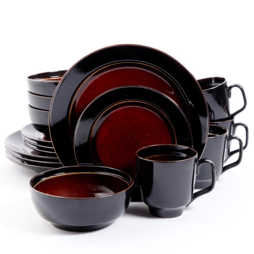 Gibson Elite Bella Galleria Round Reactive Glaze Stoneware Dinnerware Set, Service for 4 (16pcs), Red/Black