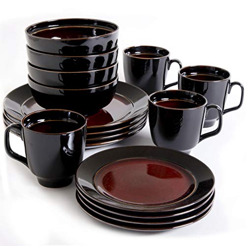 Gibson Elite Bella Galleria Round Reactive Glaze Stoneware Dinnerware Set, Service for 4 (16pcs), Red/Black