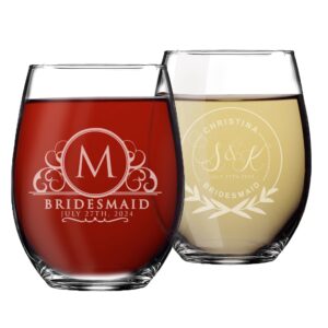 Monogrammed Stemless Wine Glass - Personalized Engraved Bridesmaid Maid of Honor Wedding Party Gift