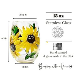 Brushes with a View Handmade Sunflower Stemless Wine Glasses, Gift for Women, Sunflower Kitchen Decor, Rustic Country Farmhouse, Set of 2, Hand Painted