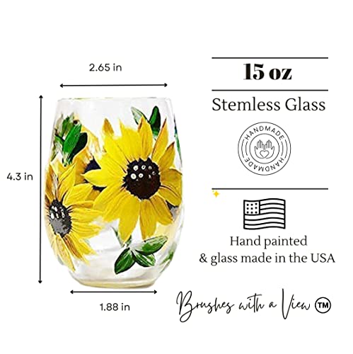 Brushes with a View Handmade Sunflower Stemless Wine Glasses, Gift for Women, Sunflower Kitchen Decor, Rustic Country Farmhouse, Set of 2, Hand Painted