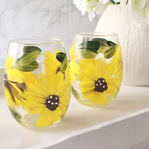 Brushes with a View Handmade Sunflower Stemless Wine Glasses, Gift for Women, Sunflower Kitchen Decor, Rustic Country Farmhouse, Set of 2, Hand Painted