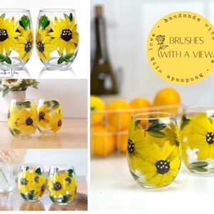 Brushes with a View Handmade Sunflower Stemless Wine Glasses, Gift for Women, Sunflower Kitchen Decor, Rustic Country Farmhouse, Set of 2, Hand Painted