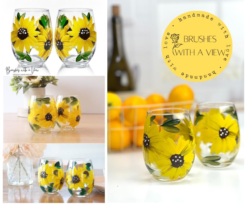 Brushes with a View Handmade Sunflower Stemless Wine Glasses, Gift for Women, Sunflower Kitchen Decor, Rustic Country Farmhouse, Set of 2, Hand Painted