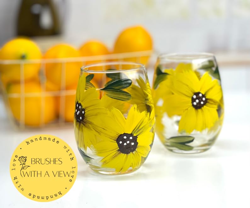 Brushes with a View Handmade Sunflower Stemless Wine Glasses, Gift for Women, Sunflower Kitchen Decor, Rustic Country Farmhouse, Set of 2, Hand Painted