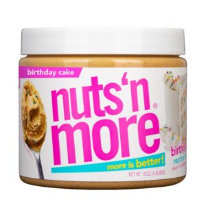 nuts ‘n more birthday cake peanut butter spread, added protein all natural snack, low carb, low sugar, gluten free, non-gmo, high protein flavored nut butter (15 oz jar)