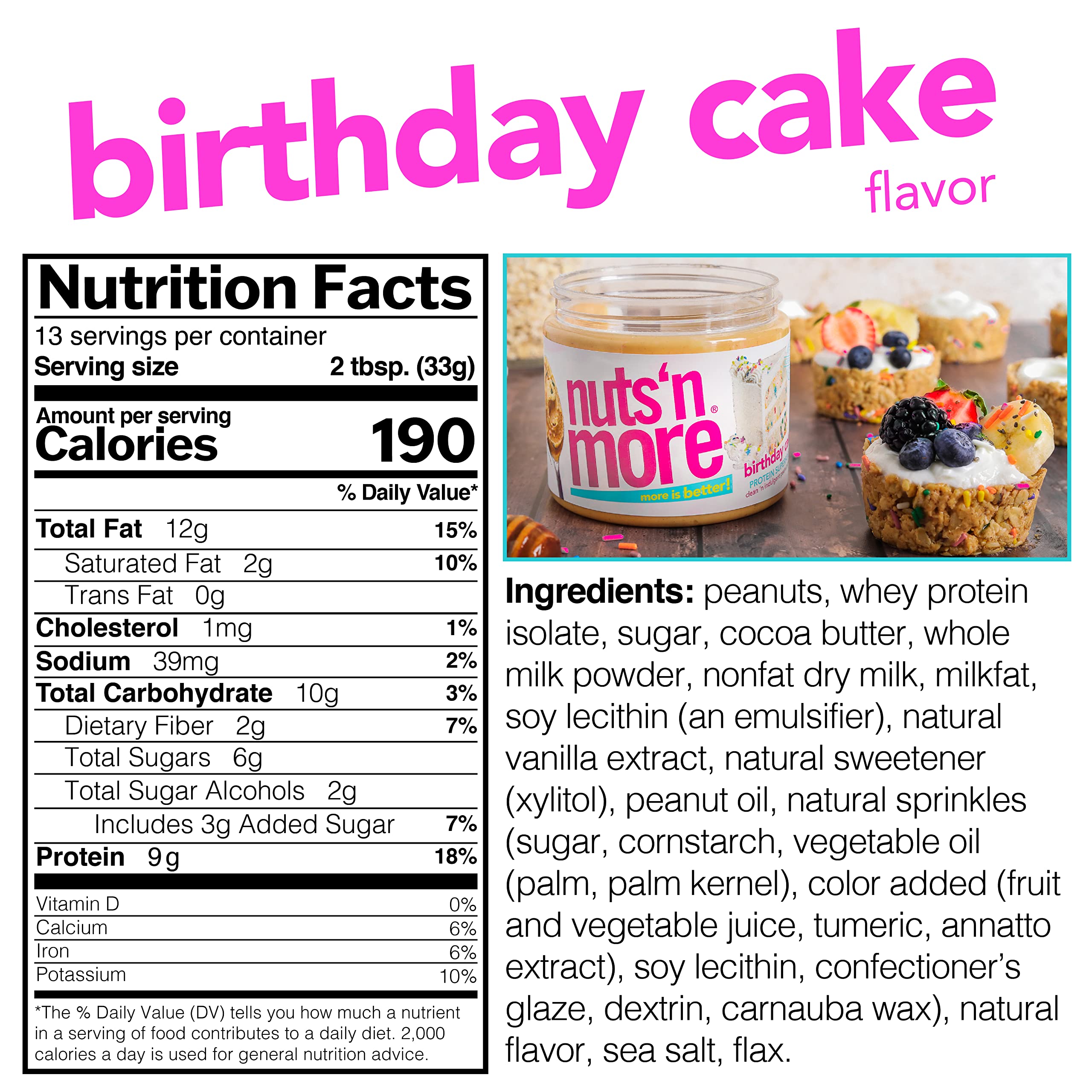 Nuts ‘N More Birthday Cake Peanut Butter Spread, Added Protein All Natural Snack, Low Carb, Low Sugar, Gluten Free, Non-GMO, High Protein Flavored Nut Butter (15 oz Jar)