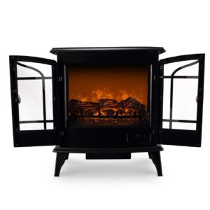 Della 17 Inch 1400W Electric Fireplace Compact Freestanding Portable Stove Remote Controlled Heater with Realistic LED Flames, for Living Room or Bedroom - Black