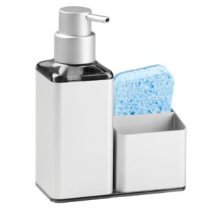 mdesign modern aluminum kitchen sink countertop liquid hand soap dispenser pump bottle caddy with storage compartments - holds and stores sponges, scrubbers and brushes - silver finish