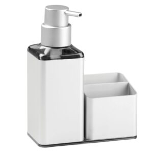 mDesign Modern Aluminum Kitchen Sink Countertop Liquid Hand Soap Dispenser Pump Bottle Caddy with Storage Compartments - Holds and Stores Sponges, Scrubbers and Brushes - Silver Finish