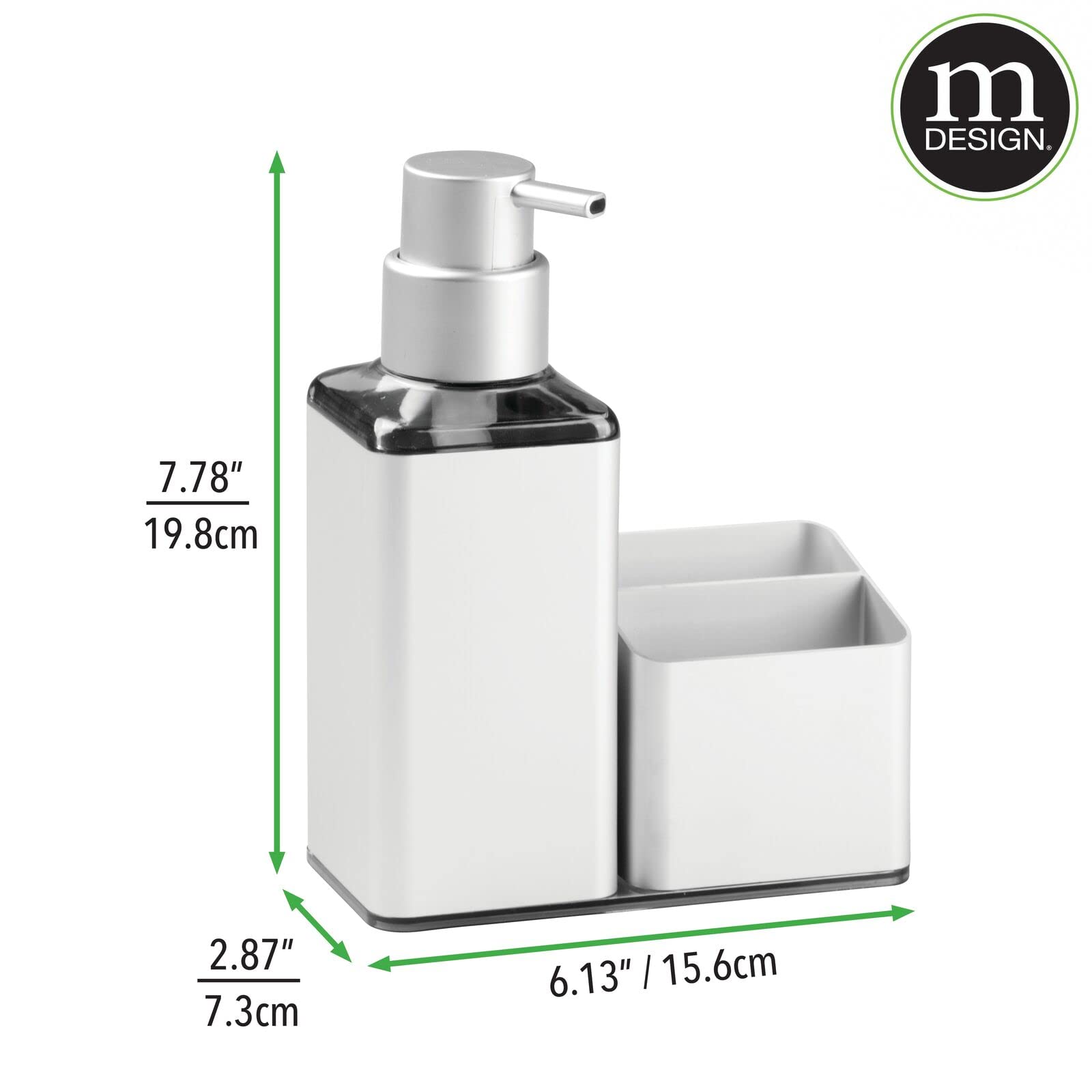 mDesign Modern Aluminum Kitchen Sink Countertop Liquid Hand Soap Dispenser Pump Bottle Caddy with Storage Compartments - Holds and Stores Sponges, Scrubbers and Brushes - Silver Finish