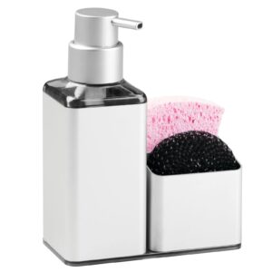 mDesign Modern Aluminum Kitchen Sink Countertop Liquid Hand Soap Dispenser Pump Bottle Caddy with Storage Compartments - Holds and Stores Sponges, Scrubbers and Brushes - Silver Finish