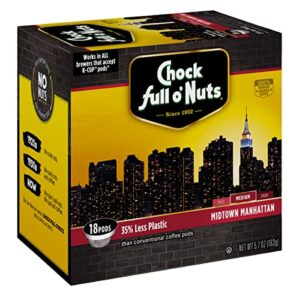 chock full o’nuts midtown manhattan roast, medium roast k-cups – compatible with keurig pods k-cup brewers (1 pack of 18 single-serve cups)