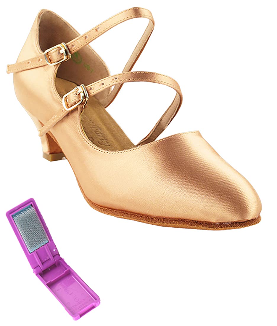 Very Fine Dance Shoes - Ladies Practice, Cuban Low Heel Ballroom Dance Shoes - PP201-1.2-inch Heel and Foldable Brush Bundle - Tan Satin - 4.5