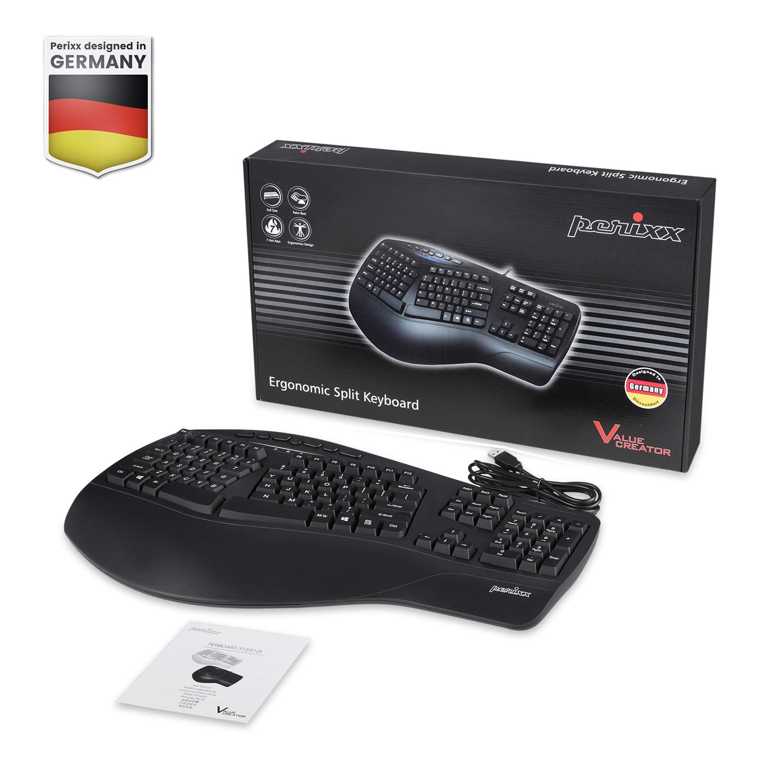 Perixx PERIBOARD-312 Ergonomic Backlit Keyboard - Wired USB with 2 Hubs - Natural Ergonomic Split Design - White LED - Black