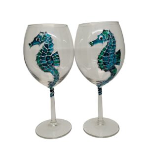 Seahorse Blue Green Hand Painted Wine Glasses Set of 2