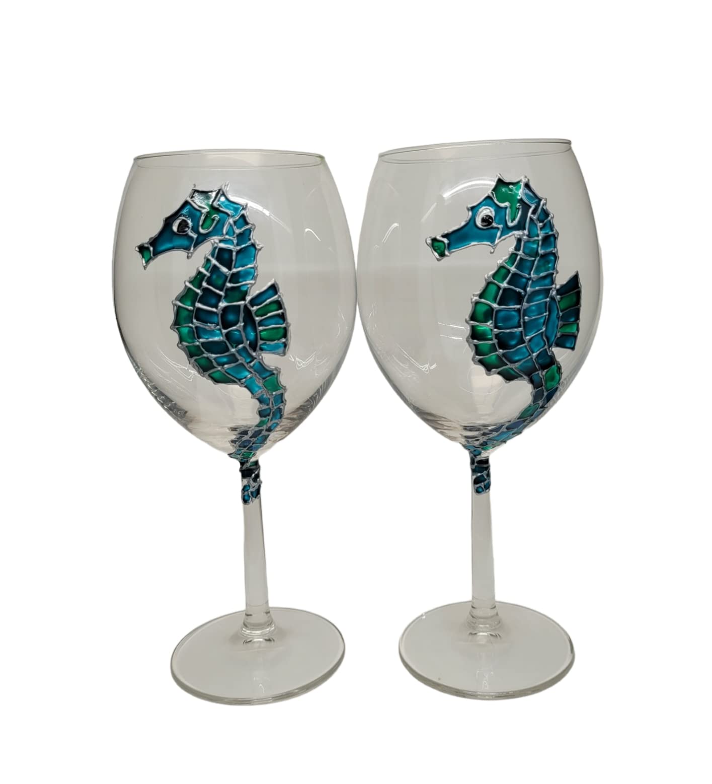 Seahorse Blue Green Hand Painted Wine Glasses Set of 2