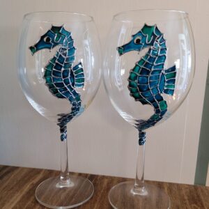 Seahorse Blue Green Hand Painted Wine Glasses Set of 2