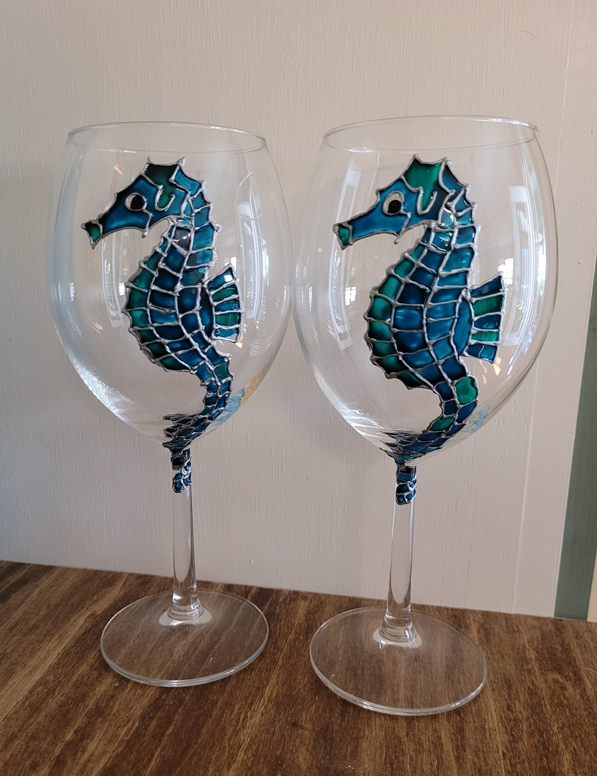 Seahorse Blue Green Hand Painted Wine Glasses Set of 2