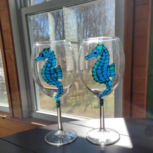 Seahorse Blue Green Hand Painted Wine Glasses Set of 2