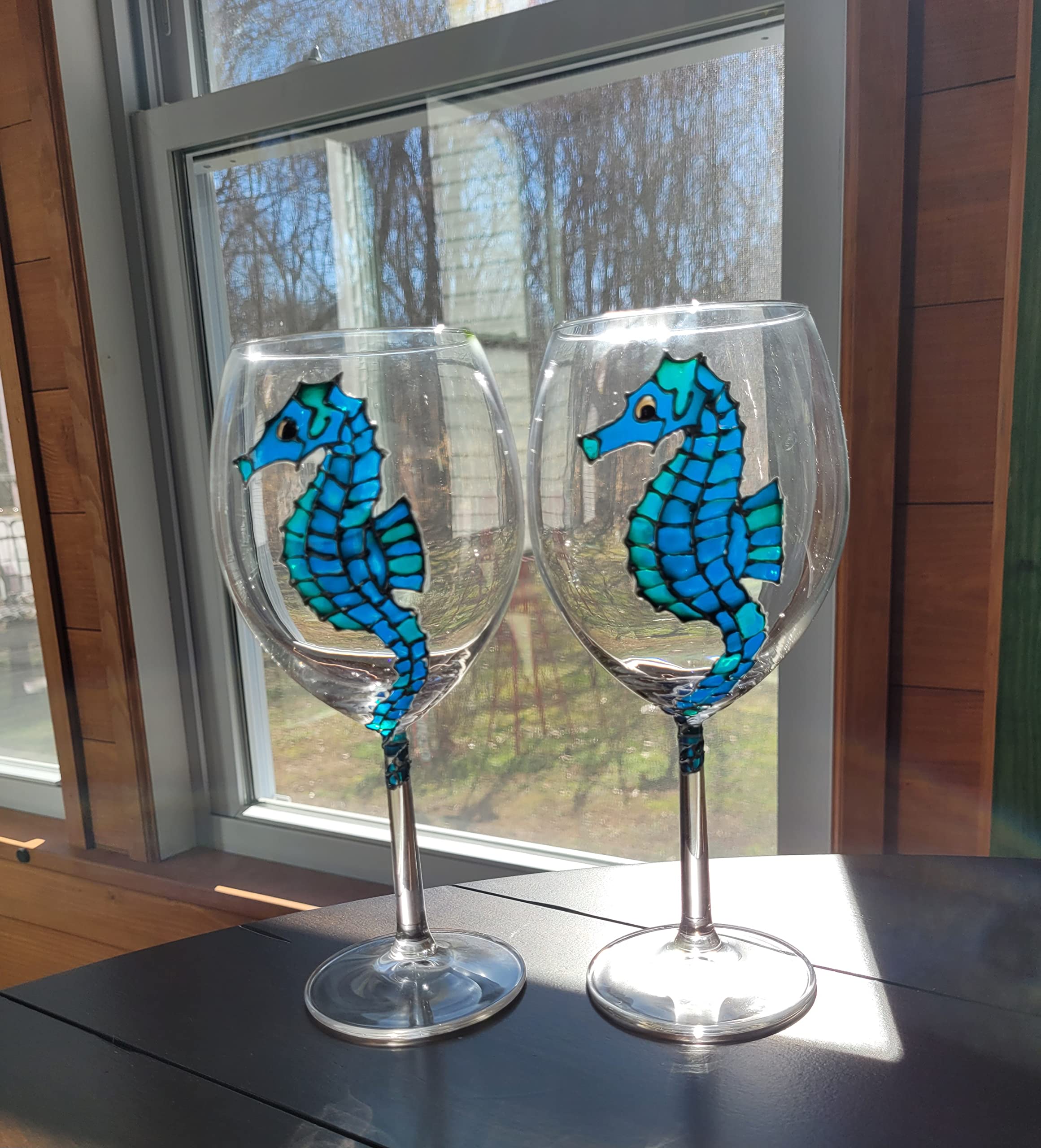 Seahorse Blue Green Hand Painted Wine Glasses Set of 2