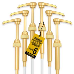 premium gold syrup pumps set of 6 | fits 750ml bottles | ideal for coffee syrups, snow cones, flavorings & more | no clogging, spilling & dripping fixed angle pump