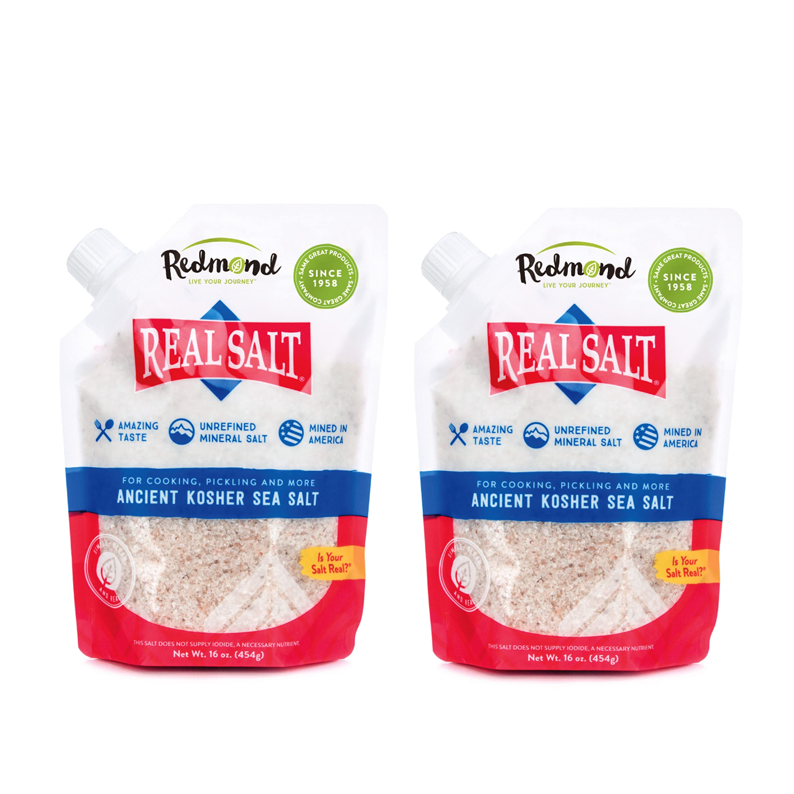 Redmond Real Sea Salt - Natural Unrefined Gluten Free Kosher, 16 Ounce Pouch (2 Pack)