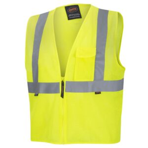 pioneer high visibility safety vest, tricot polyester mesh, zip-up, reflective tape, yellow/green, unisex, v1060360u-l, large