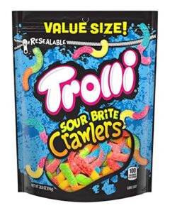 trolli sour brite crawlers candy, sour gummy worms, springtime easter candy, 28.8 ounce resealable bag