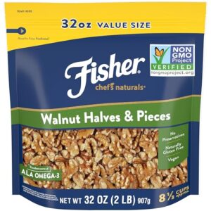 fisher chef's naturals walnut halves & pieces 2 lb, 100% california unsalted walnuts for baking & cooking, snack topping, great with yogurt & cereal, vegan protein, keto snack, gluten free
