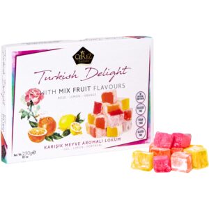 cerez pazari turkish delight with rose, orange and lemon mix flavours 8.1 oz gourmet small size snacks gift box, no nuts sweet traditional confectionery vegan candy dessert lokum loukoumi approx.32pcs