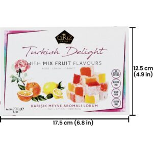 Cerez Pazari Turkish Delight with Rose, Orange and Lemon Mix Flavours 8.1 Oz Gourmet Small Size Snacks Gift Box, No Nuts Sweet Traditional Confectionery Vegan Candy Dessert Lokum Loukoumi Approx.32Pcs