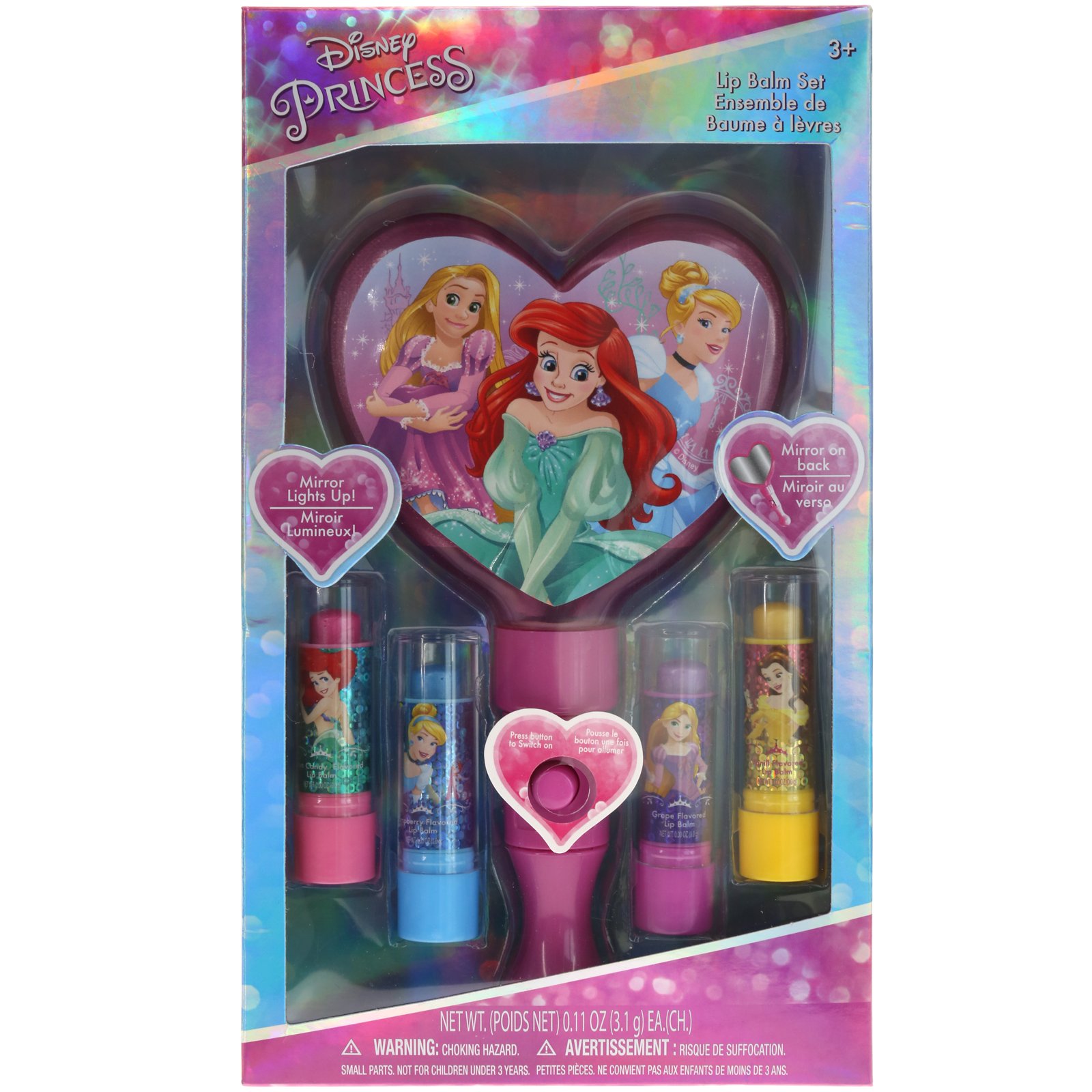 Townley Girl Disney Princess Sparkly Lip Balm For Girls, 4 pack with Light Up Mirror
