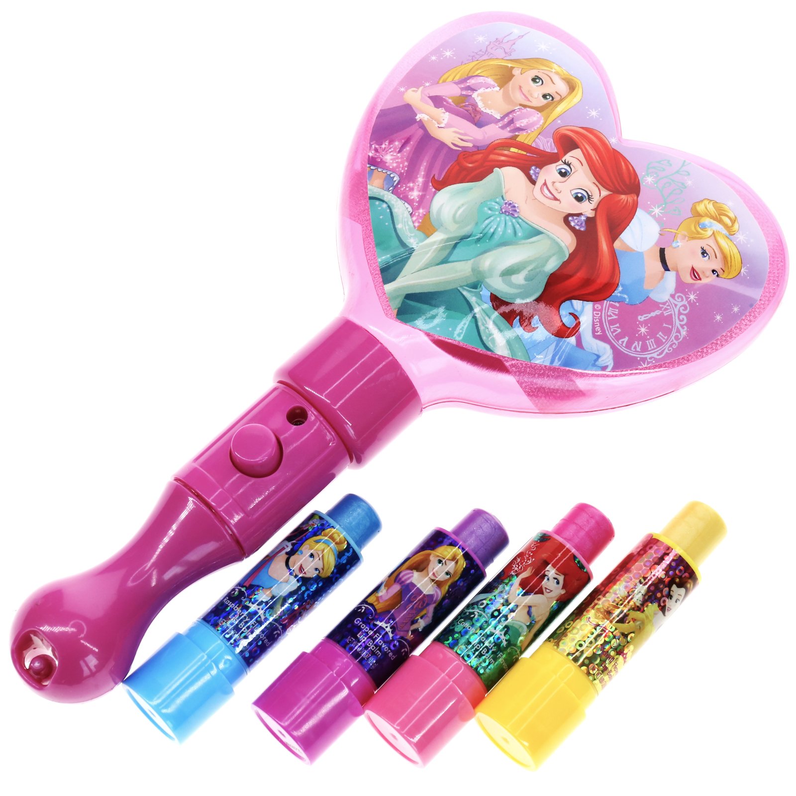 Townley Girl Disney Princess Sparkly Lip Balm For Girls, 4 pack with Light Up Mirror