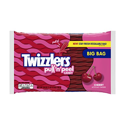 TWIZZLERS PULL 'N' PEEL Cherry Flavored Licorice Style, Low Fat Candy Big Bag, 28 oz