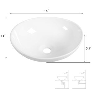 Giantex Bathroom Sink, Vessel Sink 16x13 Inch, Basin Porcelain with Anti-clogging Pop Up Drain, Countertop Bathroom Vanity Vessel Sink, Oval Ceramic Sink Bowl, Bathroom Vessel Sink, White