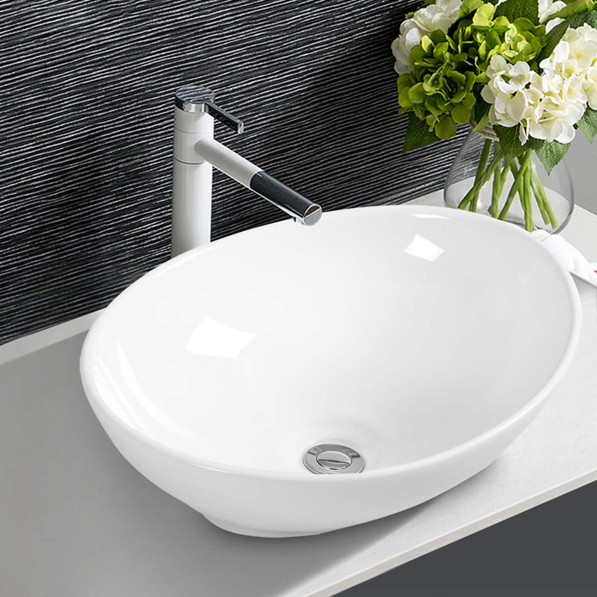 Giantex Bathroom Sink, Vessel Sink 16x13 Inch, Basin Porcelain with Anti-clogging Pop Up Drain, Countertop Bathroom Vanity Vessel Sink, Oval Ceramic Sink Bowl, Bathroom Vessel Sink, White