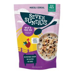 seven sundays muesli cereal, wild and free blueberry chia buckwheat, 32 oz bag, gluten free, 0g refined sugar, enjoy warm, cool or as overnight oats
