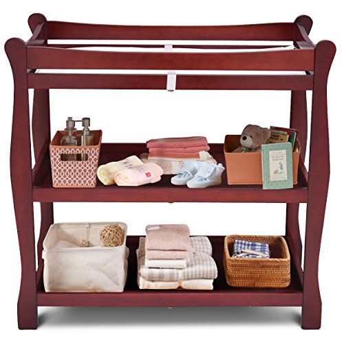 Costzon Baby Changing Table, Infant Diaper Changing Table Organization, Newborn Nursery Station with Pad, Sleigh Style Nursery Dresser Changing Table with Hamper/ 2 Fixed Shelves (Wine)