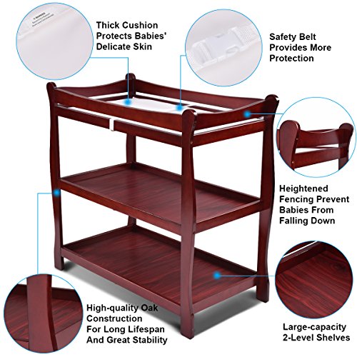 Costzon Baby Changing Table, Infant Diaper Changing Table Organization, Newborn Nursery Station with Pad, Sleigh Style Nursery Dresser Changing Table with Hamper/ 2 Fixed Shelves (Wine)