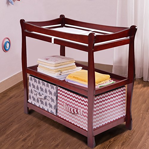 Costzon Baby Changing Table, Infant Diaper Changing Table Organization, Newborn Nursery Station with Pad, Sleigh Style Nursery Dresser Changing Table with Hamper/ 2 Fixed Shelves (Wine)