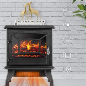 Della 17 Inch 1400W Compact Freestanding Portable Electric Fireplace Stove Heater with Realistic 3D Flame Effect, Infrared Quartz Indoor Heat, Faux Logs - Black