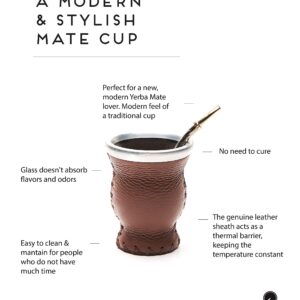 BALIBETOV [New Leather & Glass Yerba Mate Gourd Set (Mate Cup) with Yerba Mate Bombilla (Straw) (Brown)