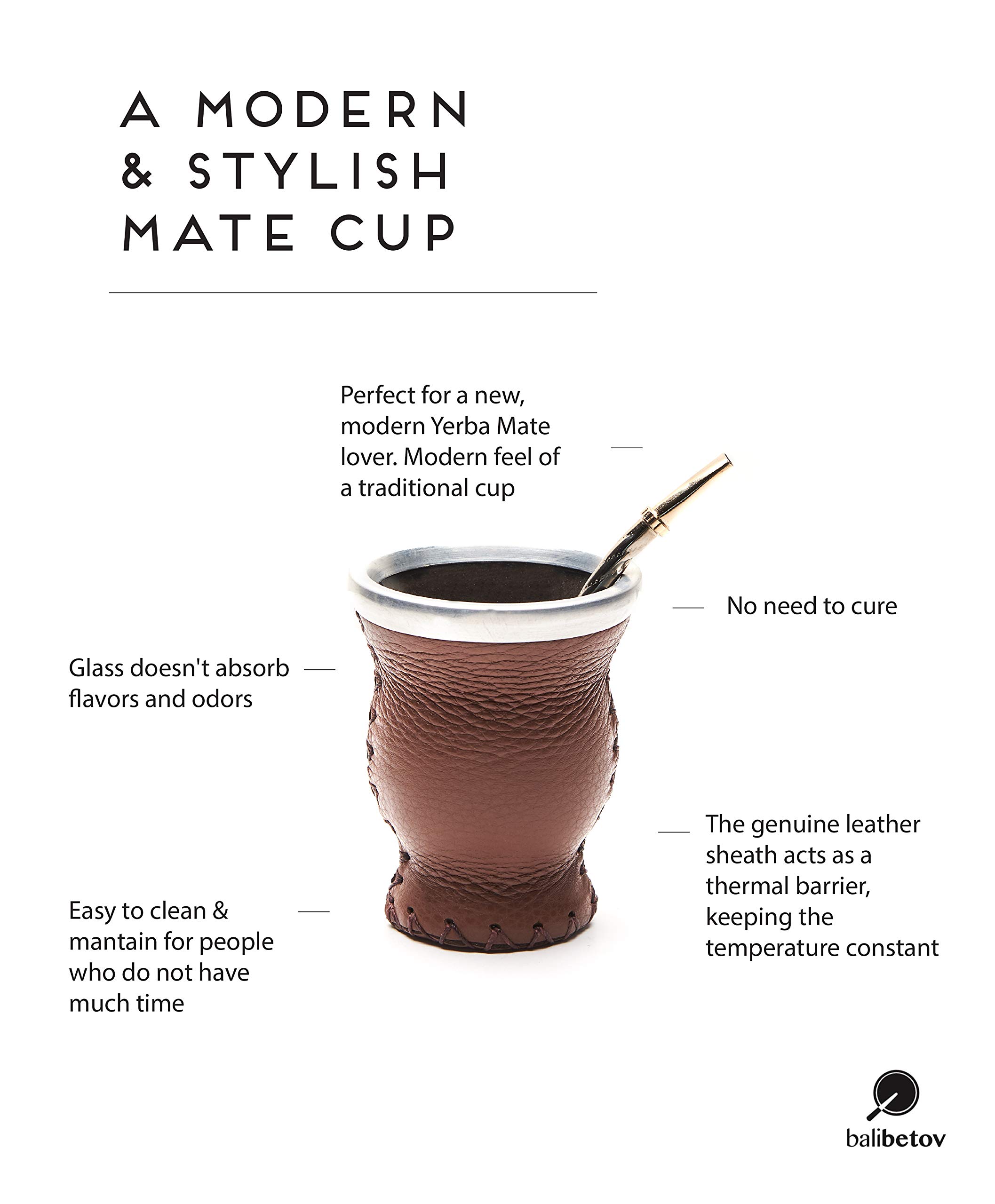 BALIBETOV [New Leather & Glass Yerba Mate Gourd Set (Mate Cup) with Yerba Mate Bombilla (Straw) (Brown)