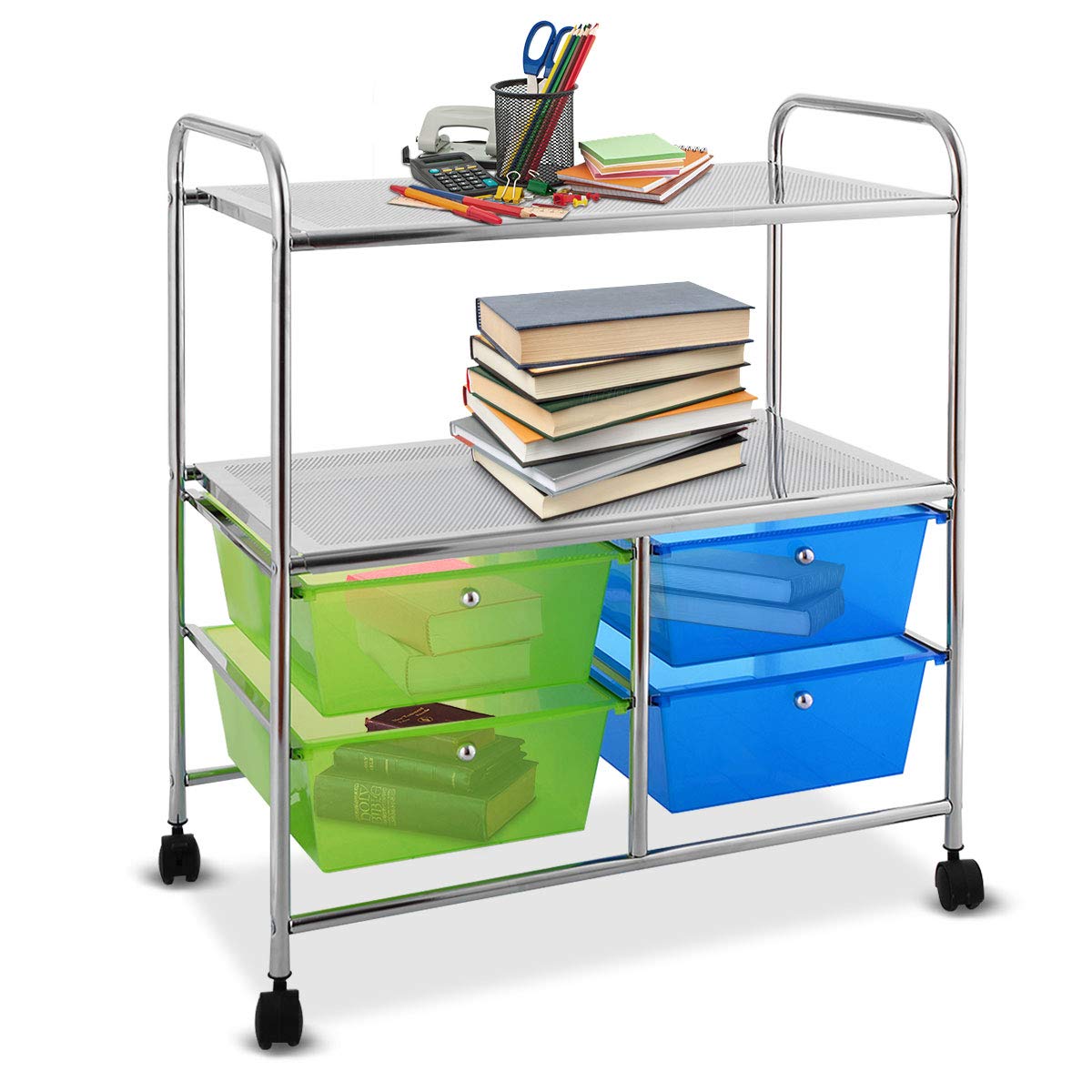 Giantex Rolling Storage Cart w/ 4 Drawers 2 Shelves Metal Rack Shelf Home Office School Beauty Salon Utility Organizer Cart with Wheels (Blue & Green)