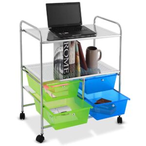 Giantex Rolling Storage Cart w/ 4 Drawers 2 Shelves Metal Rack Shelf Home Office School Beauty Salon Utility Organizer Cart with Wheels (Blue & Green)