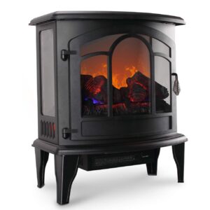 della 17 inch 1400w compact freestanding portable electric fireplace stove heater with realistic 3d flame effect, infrared quartz indoor heat, faux logs - black