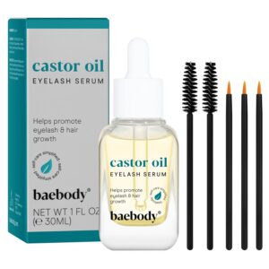 baebody critically acclaimed vegan castor oil for eyelashes and eyebrows, pure castor oil eyebrow and lash growth serum, castor oil for hair growth with applicator kit, 1 oz - beauty gifts for women