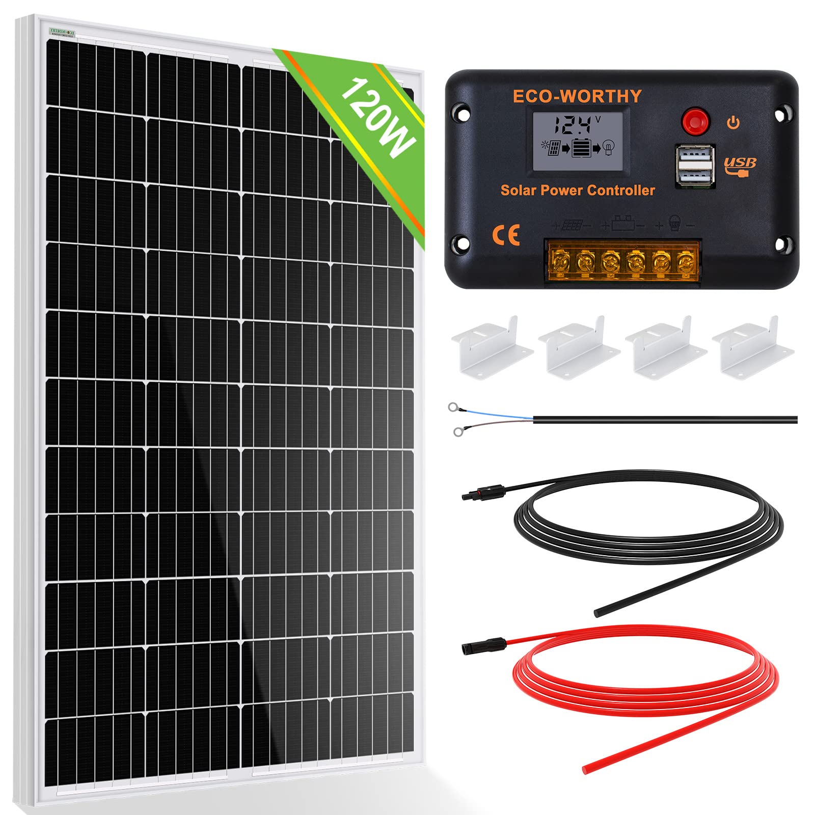 ECO-WORTHY 240Watt 12Volt Solar Panel Kit for Off Grid Home RV: 2pcs 120W Mono Solar Panel + 30A 12V/24V Charger Controller + Solar Cable + Tray Cable + Z Bracket Mount