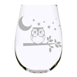 c m owl with moon and stars stemless wine glass, 17 oz.